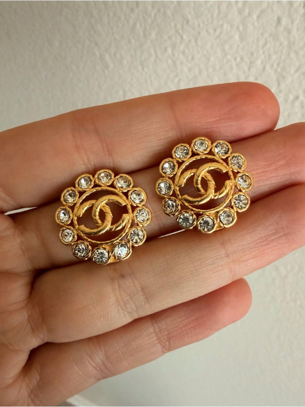 CHANEL Gold-Tone CC Logo Crystal Halo Earrings - Picture 10 of 11